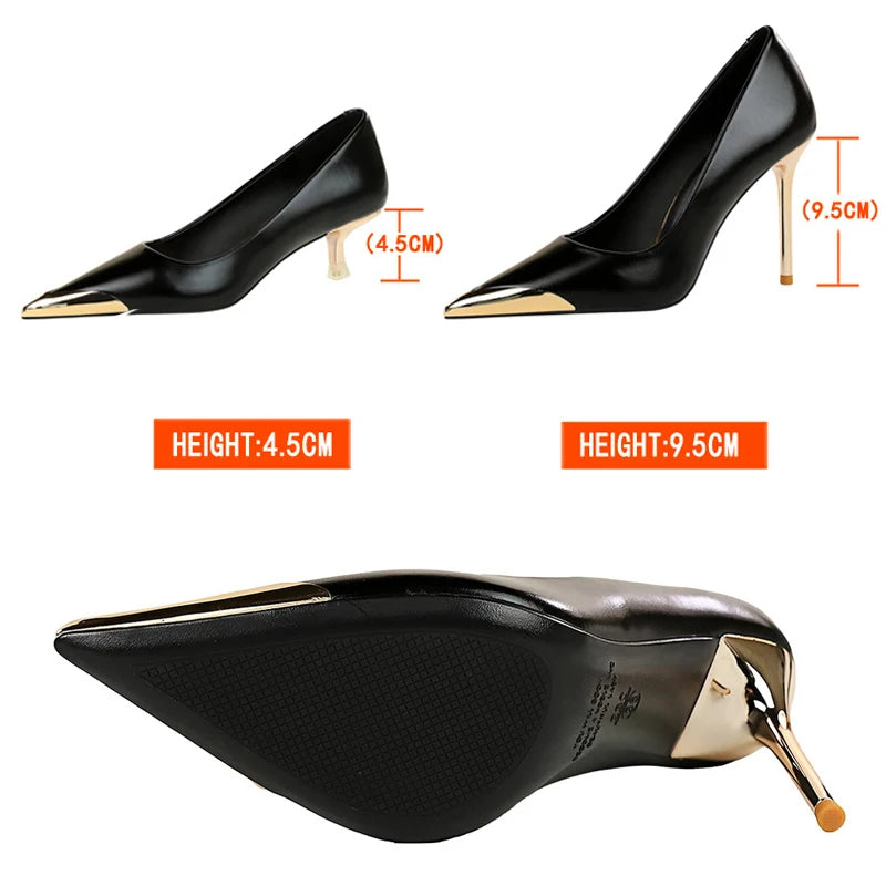 Shoes Retro High Heels Metal Pointed Tip Women Pumps Stiletto 9.5 Cm And 4.5cm Heels Sexy Party Shoes Office Shoes