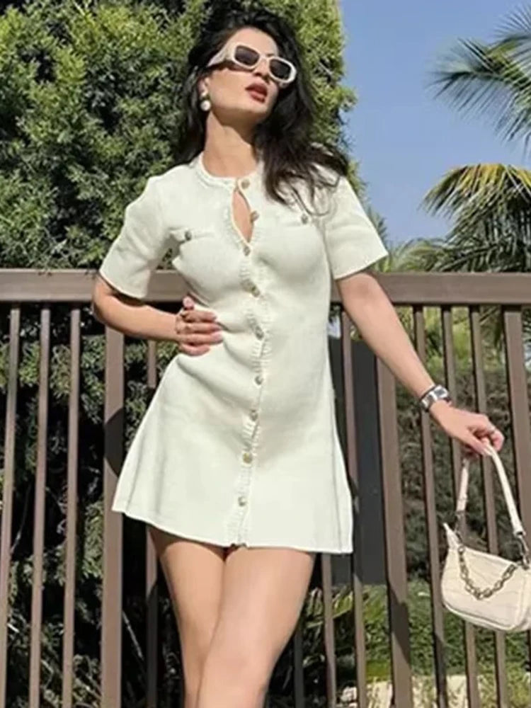 White Elegant Knitted Mini Dress For Women Metal Button Sexy Slim Rib Sweater Dress Holiday Party Outfits Autumn New