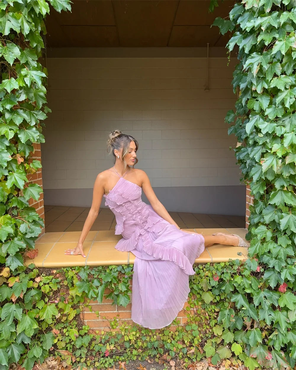 Purple Halter Pleated Prom Dress