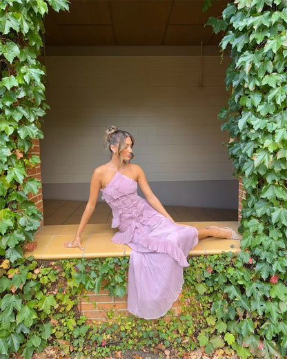 Purple Halter Pleated Prom Dress