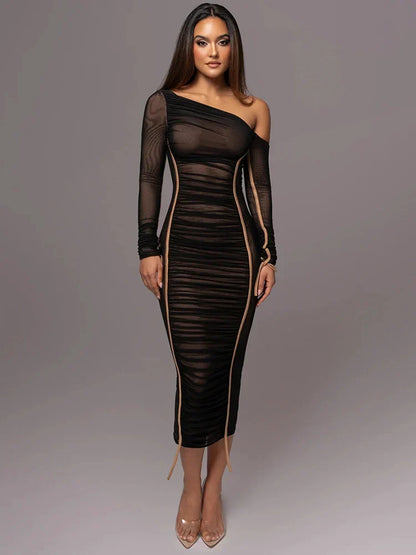 Asymmetric Off Shoulder Ruched Panel Bodycon Midi Dress