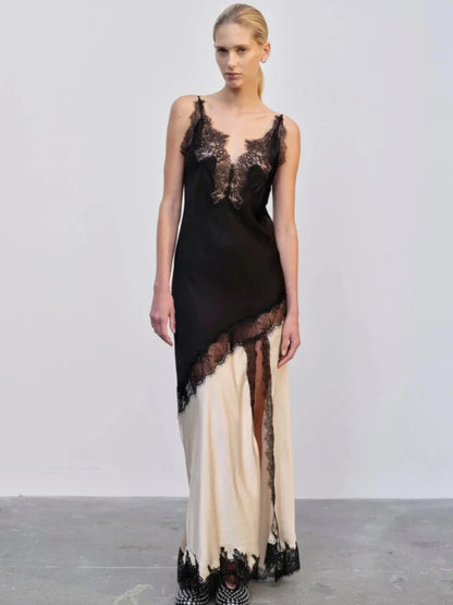 Lace Trim Colorblock Panel Spaghetti Strap High Split Maxi Dress