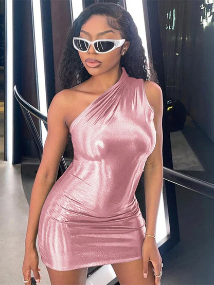 One Shoulder Metallic Foil Bodycon Mini Dress