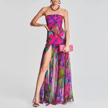 Printed Strapless Pleated Midi Dress