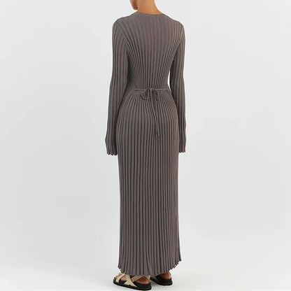 Ribbed Knit Crew Neck Lettuce Hem Long Sleeve Maxi Dress