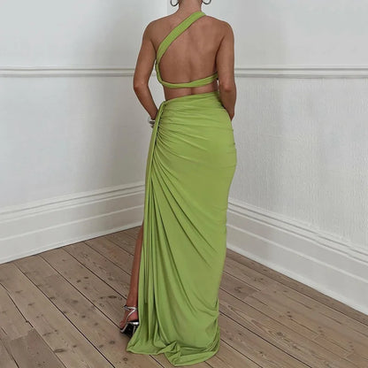 Solid Oblique Shoulder Wrapped Slit High Waist Two Piece Skirt Set