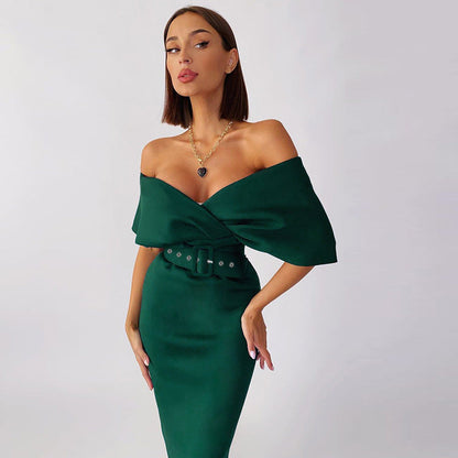 Off Shoulder Draped Cap Sleeve Wrap Belt Grommet Bodycon Midi Dress