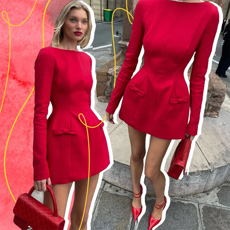 Bows Splice Long Sleeve Mini Dress Elegant Office Woman Solid Bodycon Club Party Dresses Autumn High Waist Fashion