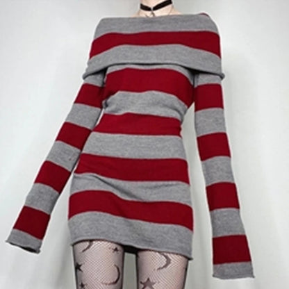 Goth Dresses Punk Gothic Witchy Dark Academia Women Off Shoulder Knitted Dress y2k Fairy Grunge Dresses Halloween Wear