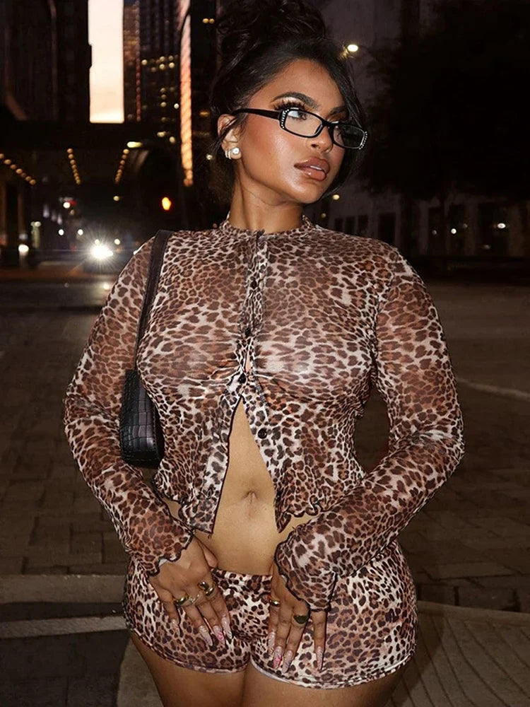 Leopard Print Single Breasted Crop Top Two Piece Shorts Set