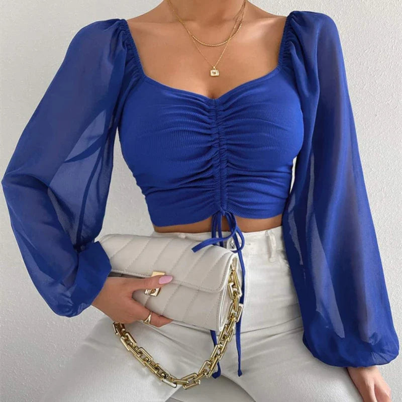 V-Neck Drawstring Bandage Sheer Top