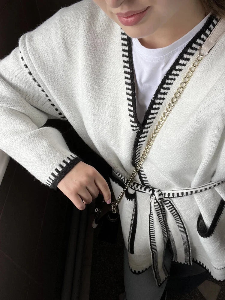 Knit Contrast Cardigan Sweater For Women Lace-Up Pocket Long Sleeve Patchwork Loose Coat Autumn Knitwear Women’s Outwear