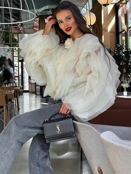 Patchwork Ruffled White Shirts Fashion Elegant For Women High Waist Long Sleeve Casual Streetwear Ladies Blouse Top