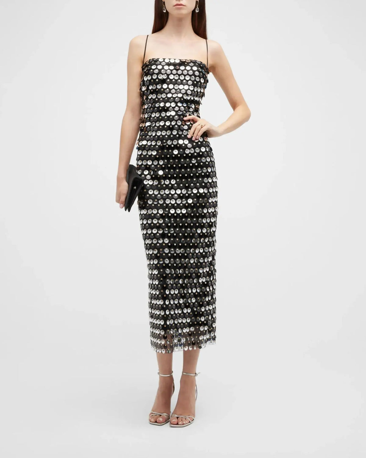 Large Sequin Disk Spaghetti Strap Square Neck Column Midi Dress