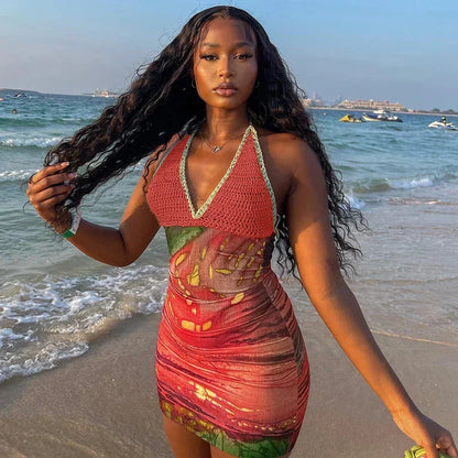 Crochet Halter Abstract Print Bodycon Mini Dress