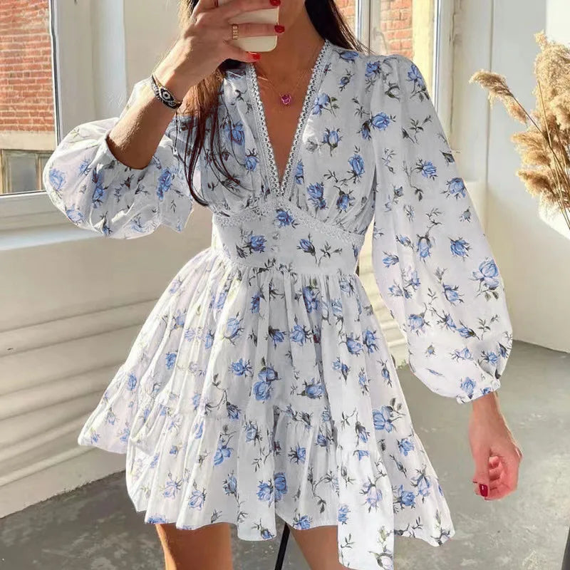 V-neck Lace Edge Midi Floral Dress