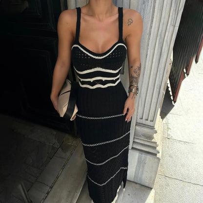 Striped Knit Backless V Neck Summer Dress