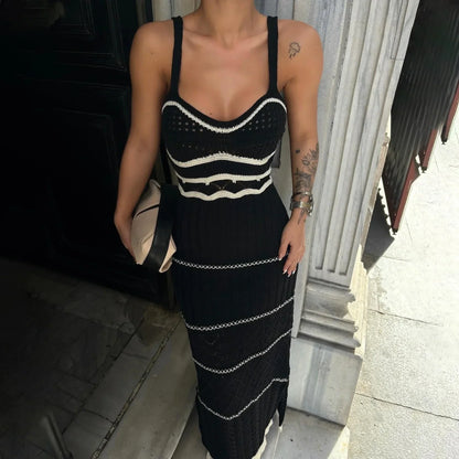 Striped Knit Scoop Neck Open Crochet Panel Midi Dress