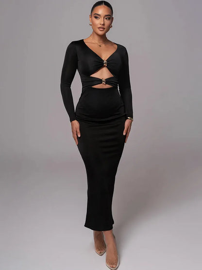 V-Neck Long Sleeve Ring Hardware Cut Out Bodycon Maxi Dress