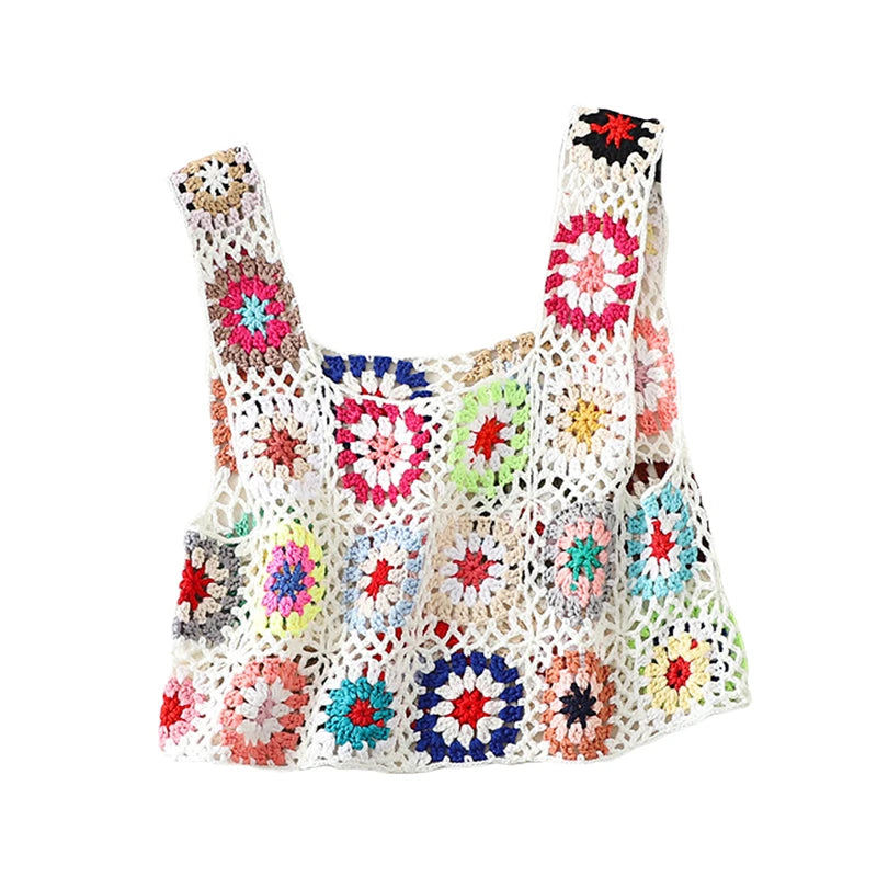 Knitted Crochet Crop Top 2000s Women Floral Embroidery Hollow Out Sleeveless Tshirt Vest y2k Beach Clothes Streetwear
