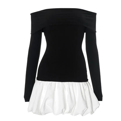 Elegant Folds Mini Dress Female One-Shoulder Contrast Color Patchwork Long Sleeves Dress Sexy Slim Party Club Dresses