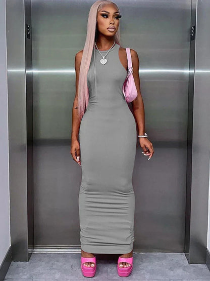 Crew Neck Sleeveless Ribbed Bodycon Maxi Dress