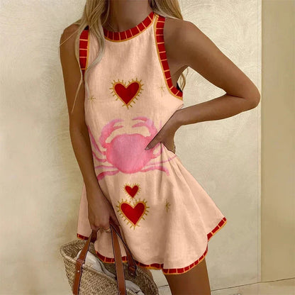 Graphic Print Sleeveless Crew Neck A-Line Linen Mini Dress