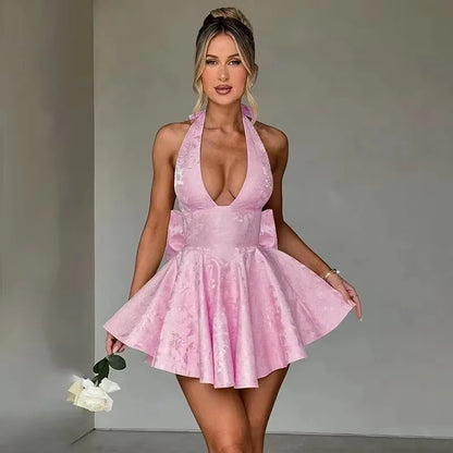 Jacquard Bow Strapless Backless Mini Dress