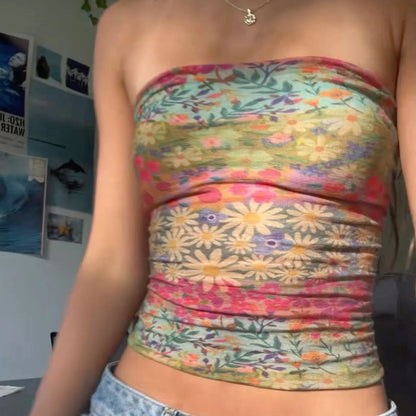 Summer Boho Bandeau Vest Cute Hiking Outfits Preppy Style Fitness Girl Strapless Tube Tops Graphic Print Off Shoulder Crop Tops