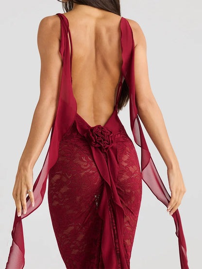 Lace Backless 3D Rosette Ruffle Streamer Midi Dress