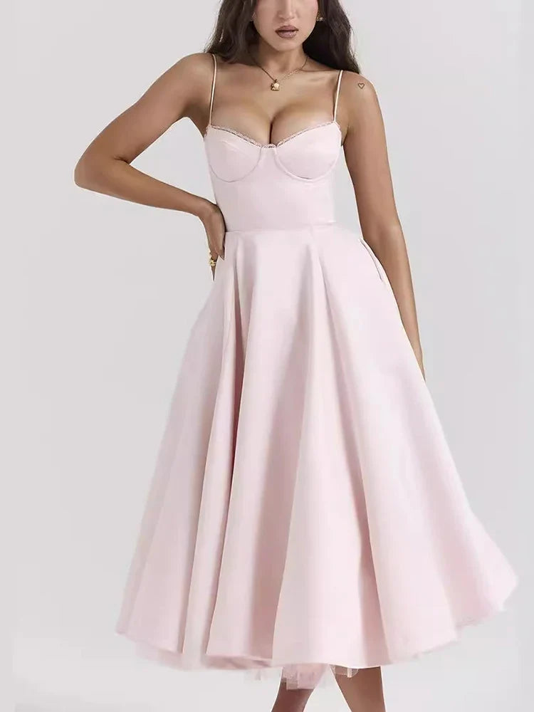 A-line Backless Spaghetti Strap Midi Dress