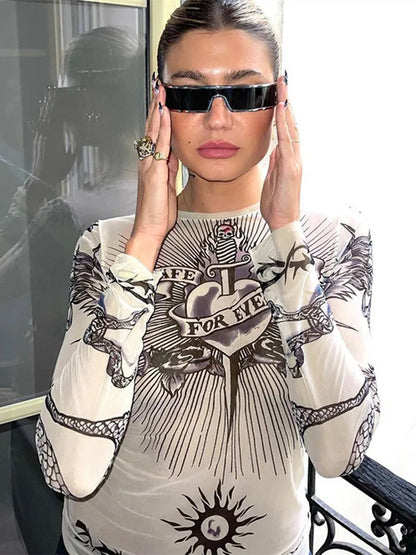Summer Fashion Round Neck Long Sleeve Graphic T Shirts Sexy Printed Patchwork Women Clothing Casual Slightly Translucent Y2k Top