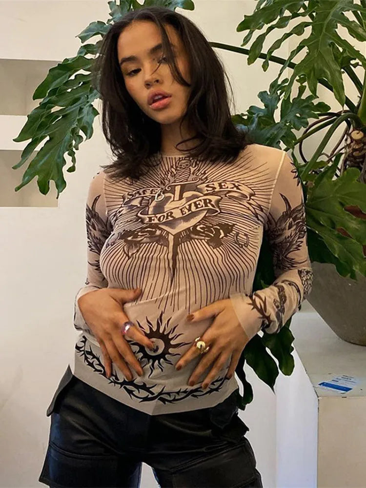 Summer Fashion Round Neck Long Sleeve Graphic T Shirts Sexy Printed Patchwork Women Clothing Casual Slightly Translucent Y2k Top