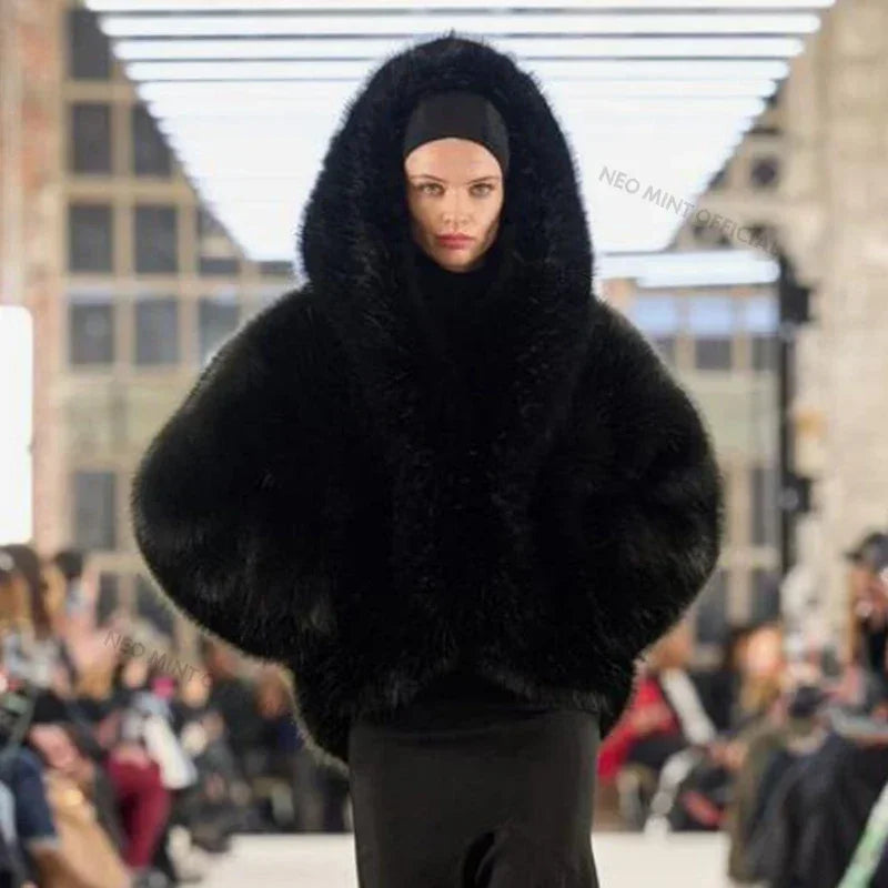 Brand Runway Fashion Iconic Hooded Batwing Faux Fur Coat Women Chic Winter Hailey Bieber Shaggy Overcoat Fox Fur Jacket