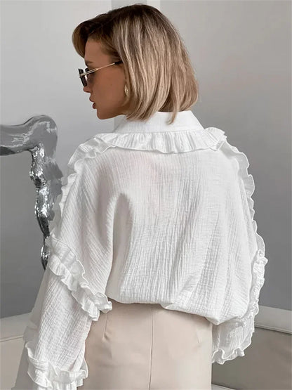 Ruffled White Loose Shirts For Women Long Sleeve Elegant Fashion Autumn Solid Casual Outwear Female Shirts Coat Summer New