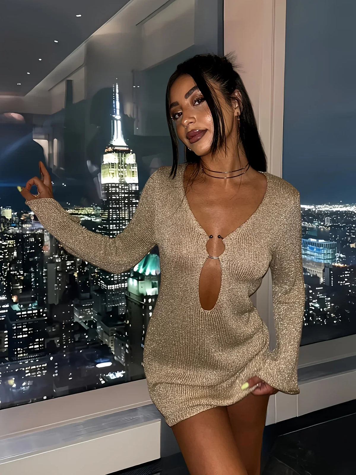 Knitted Flared Sleeve V Neck Mini Dress