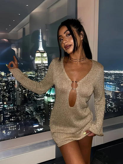 Deep V Ring Hardware Keyhole Metallic Knit Bell Sleeve Mini Dress