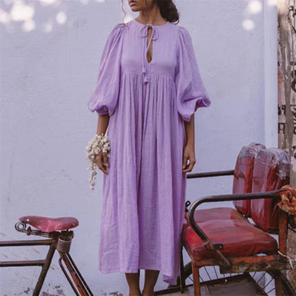 V-Neck Collar Puff Sleeve Tie Front Empire Waist Midi Dress