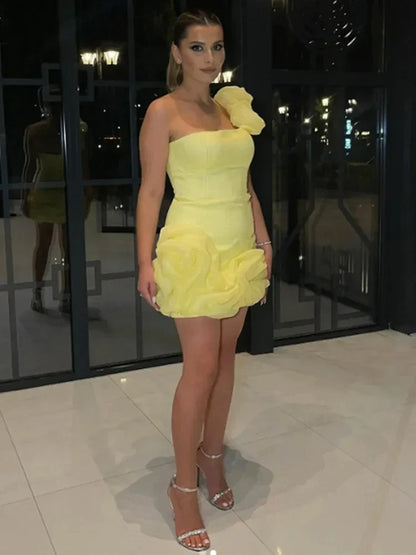 One Shoulder 3D Floral Rosette Organza Ruffle Bubble Hem Mini Dress