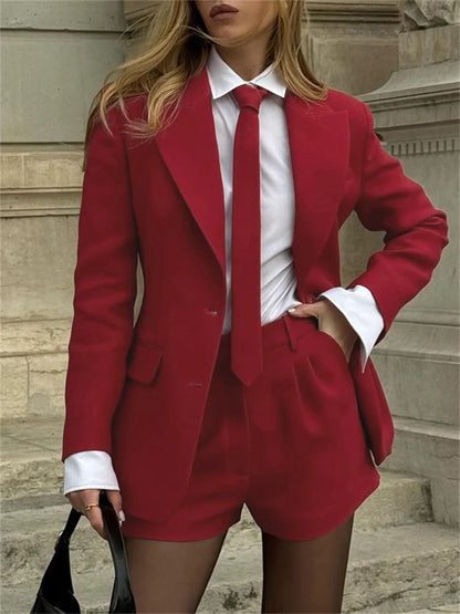 Female 2 Piece-Set Elegant Neckties Suit Pocket Outwear And High Waist Shorts Sets Commute Clothes Women’s Outfits Autumn