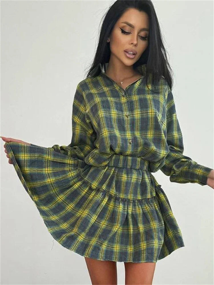 Female 2 Piece-Set Pleated Skirts Fashion Contrast Lapel High Waist Spring 2025 Shirts Outfits Women’s Mini Skirt Sets New