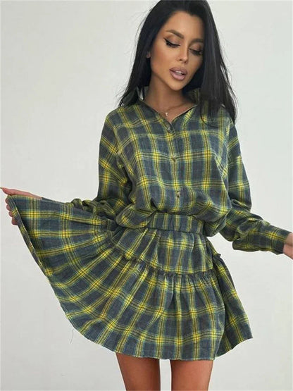 Female 2 Piece-Set Pleated Skirts Fashion Contrast Lapel High Waist Spring 2025 Shirts Outfits Women’s Mini Skirt Sets New