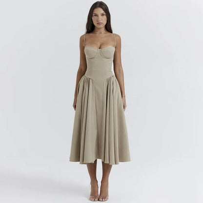 Spaghetti Strap Bustier A-Line Midi Dress