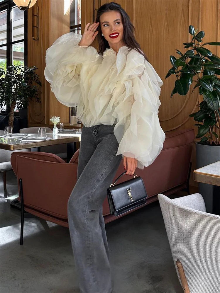 Patchwork Ruffled White Shirts Fashion Elegant For Women High Waist Long Sleeve Casual Streetwear Ladies Blouse Top