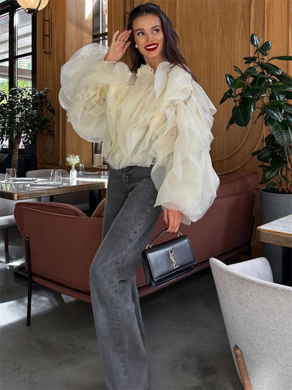 Patchwork Ruffled White Shirts Fashion Elegant For Women High Waist Long Sleeve Casual Streetwear Ladies Blouse Top
