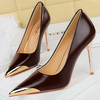 Shoes Retro High Heels Metal Pointed Tip Women Pumps Stiletto 9.5 Cm And 4.5cm Heels Sexy Party Shoes Office Shoes
