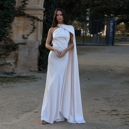 Solid Ribbon Halter Off Shoulder Silk Dress