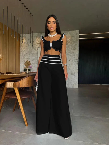 Deep V Square Collar Wide Leg Pants Set