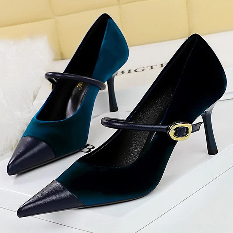 Shoes New Buckle Design Women Pumps Pointed Shoes High Heels Suede Stilettos Heels 7cm 10cm Ladies Shoes Large Size 43