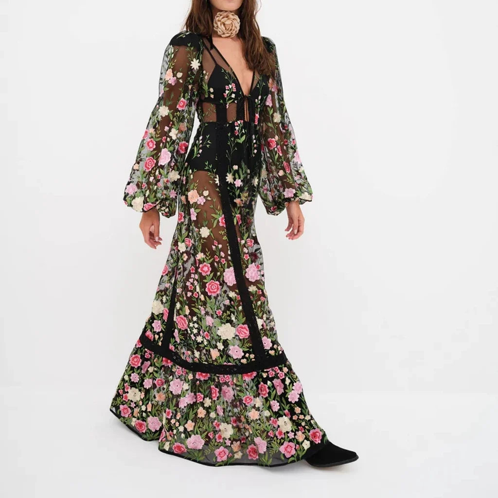 Sheer Lace Embroidery Floral Dress